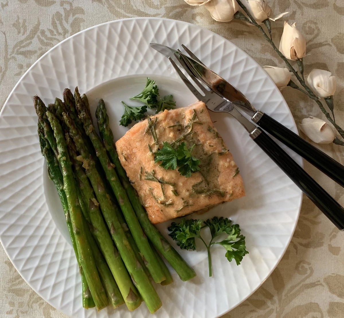 baked salmon with asparagus on table image